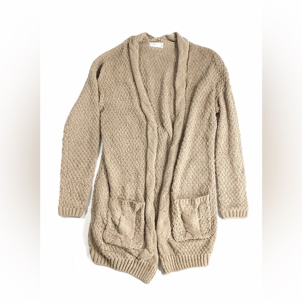 Pink Rose Beige Cable Knit Cardigan Sweater Small Open Front Longline Pockets - Picture 2 of 13